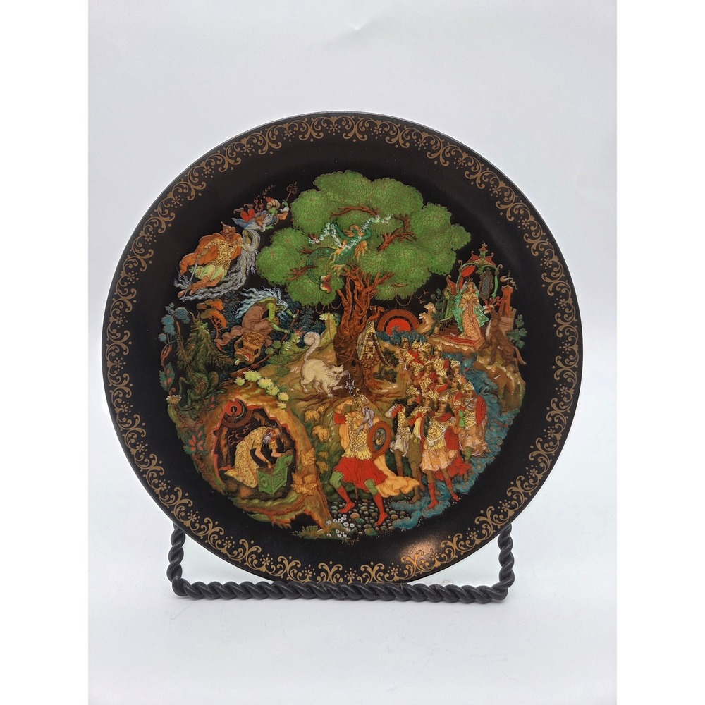 Palekh Collector Plate 7.5" Black Multicolor Unisex Lukomorye Russian Fairy Tale